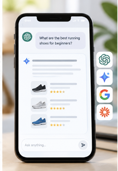 Mobile search mockup showing an answer and product recommendations.