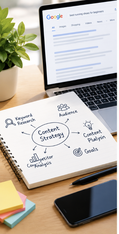 Workspace photo showing keyword research, audience, content strategy, and goals.