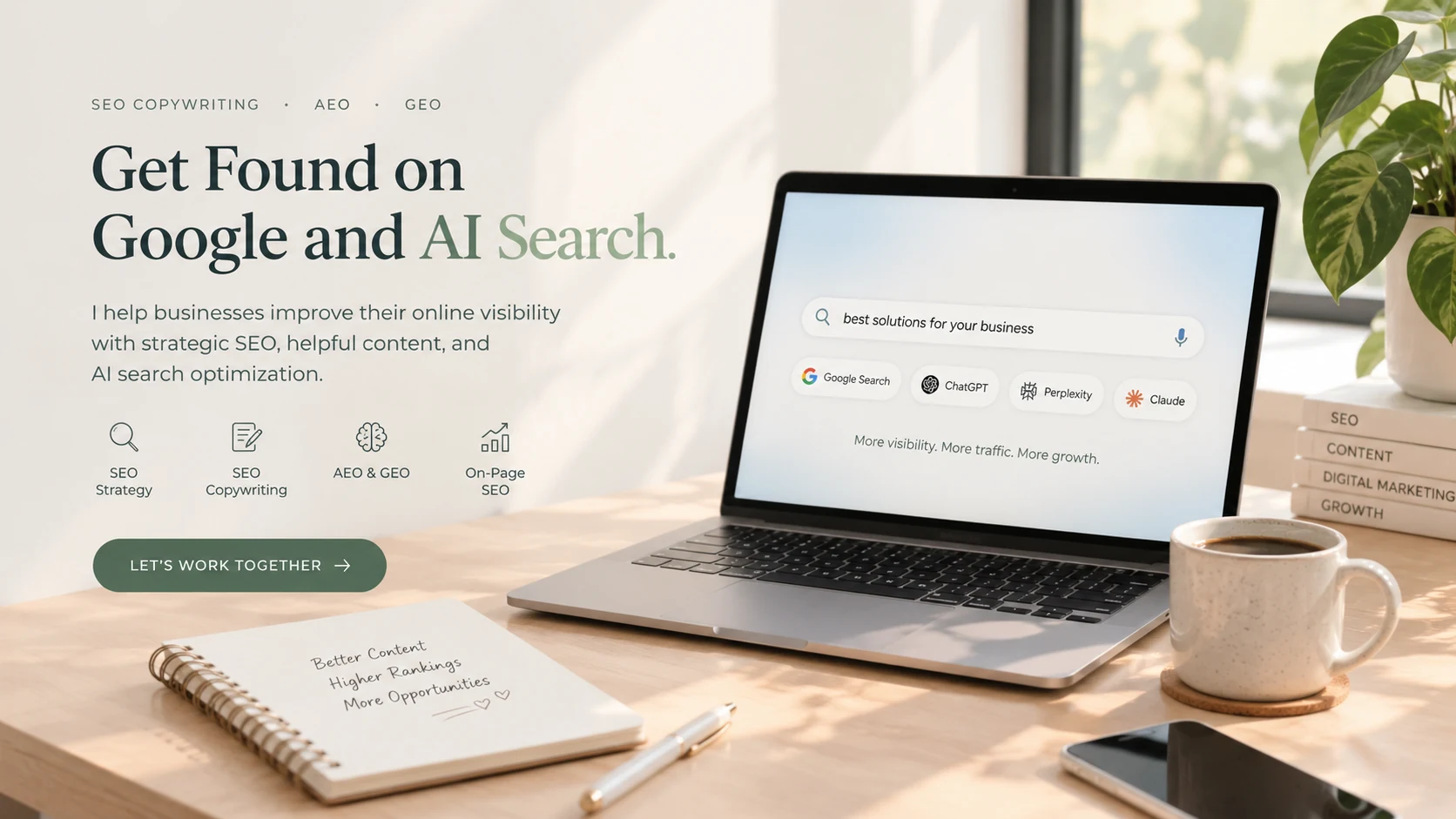 SEO workspace hero showing search, content, and AI visibility services.